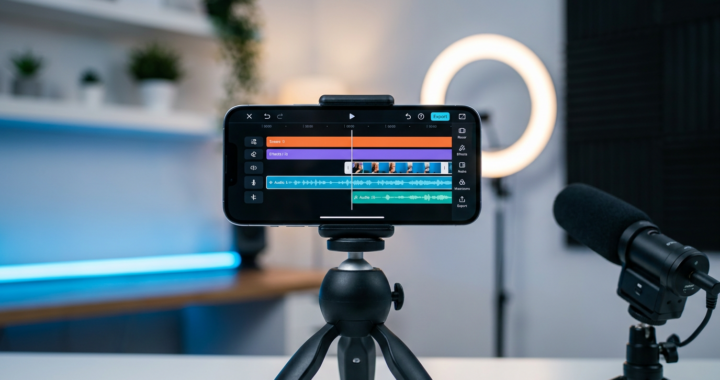 A high-end smartphone displaying a professional video editing interface with colorful waveforms, mounted on a tripod in a modern creative studio setup.
