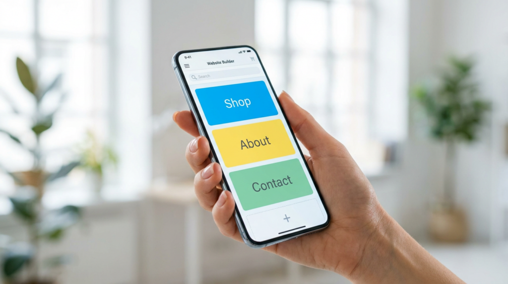 A close-up of a smartphone with a professional drag-and-drop website builder app, showing colorful blocks for Shop, About, and Contact.