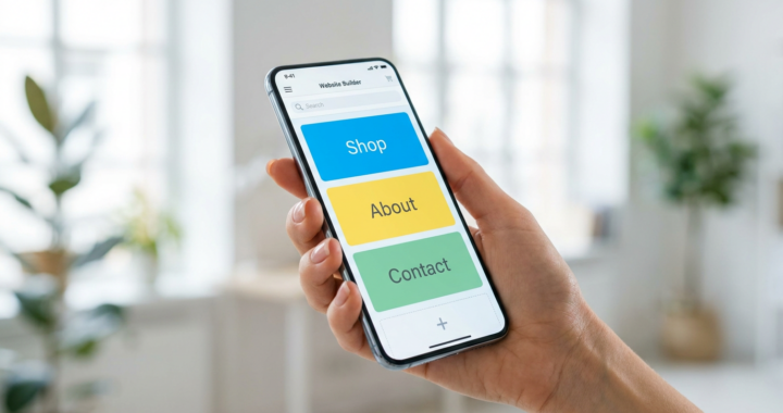 A close-up of a smartphone with a professional drag-and-drop website builder app, showing colorful blocks for Shop, About, and Contact.