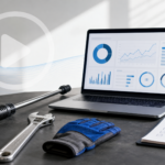 Professional tools and laptop showing analytics for a boring business YouTube strategy