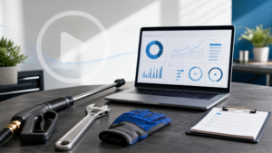 Professional tools and laptop showing analytics for a boring business YouTube strategy