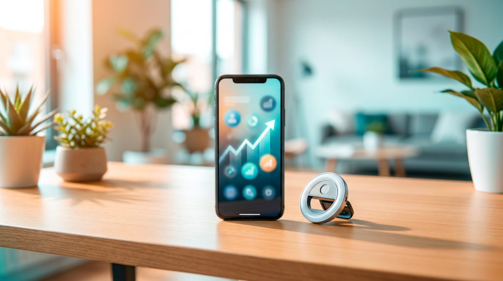 A smartphone showing a stylized audience growth graph on the screen, next to a ring light and microphone on a bright minimalist desk (2026)