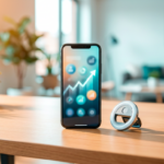A smartphone showing a stylized audience growth graph on the screen, next to a ring light and microphone on a bright minimalist desk (2026)