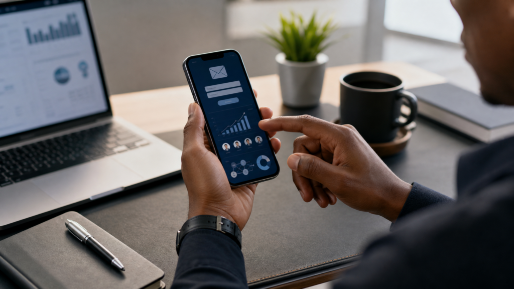 Mobile entrepreneur building an affiliate marketing email list from a smartphone