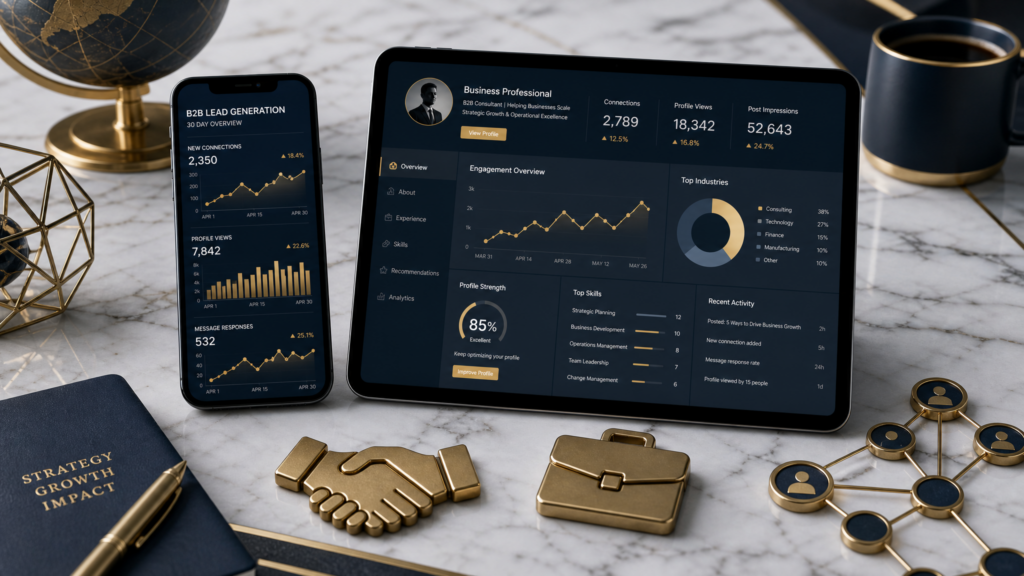 A high-end marble desk with a smartphone and tablet showing professional B2B analytics and lead generation charts for a LinkedIn business strategy.