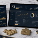 A high-end marble desk with a smartphone and tablet showing professional B2B analytics and lead generation charts for a LinkedIn business strategy.
