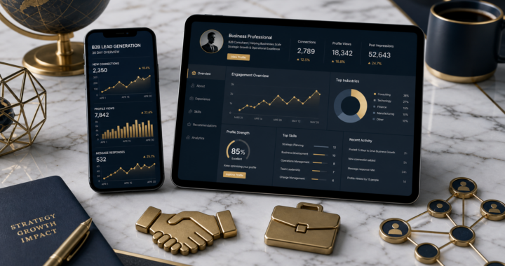 A high-end marble desk with a smartphone and tablet showing professional B2B analytics and lead generation charts for a LinkedIn business strategy.