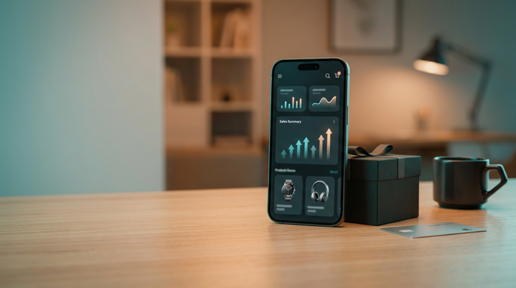 Smartphone displaying an ecommerce dashboard next to a small shipping box on a desk (2026)