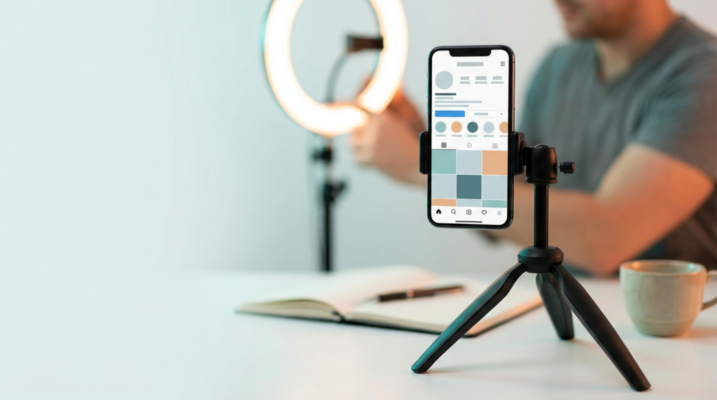 Smartphone on a tripod in a creator setup showing a generic social media profile grid for personal branding (2026)