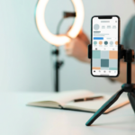 Smartphone on a tripod in a creator setup showing a generic social media profile grid for personal branding (2026)