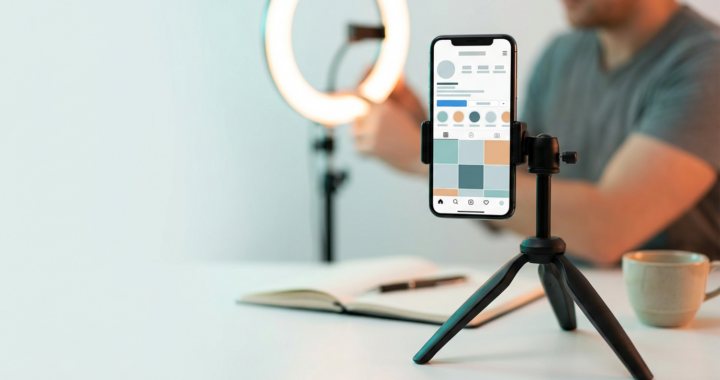 Smartphone on a tripod in a creator setup showing a generic social media profile grid for personal branding (2026)