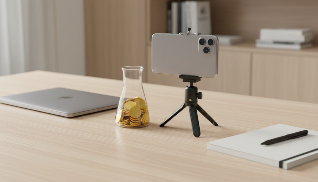 A smartphone on a tripod filming a desk setup with a notebook and a laptop, signifying a YouTube business experiment documentation.