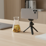 A smartphone on a tripod filming a desk setup with a notebook and a laptop, signifying a YouTube business experiment documentation.