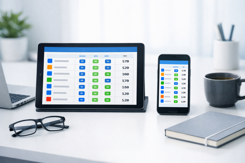 Tablet and smartphone showing a generic business software comparison dashboard on a clean modern workspace.