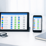 Tablet and smartphone showing a generic business software comparison dashboard on a clean modern workspace.