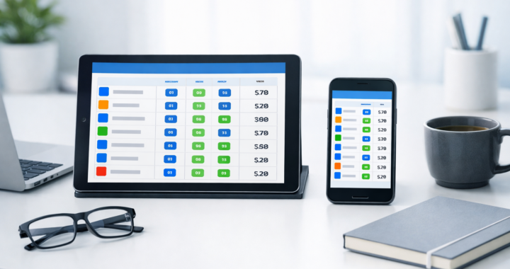 Tablet and smartphone showing a generic business software comparison dashboard on a clean modern workspace.