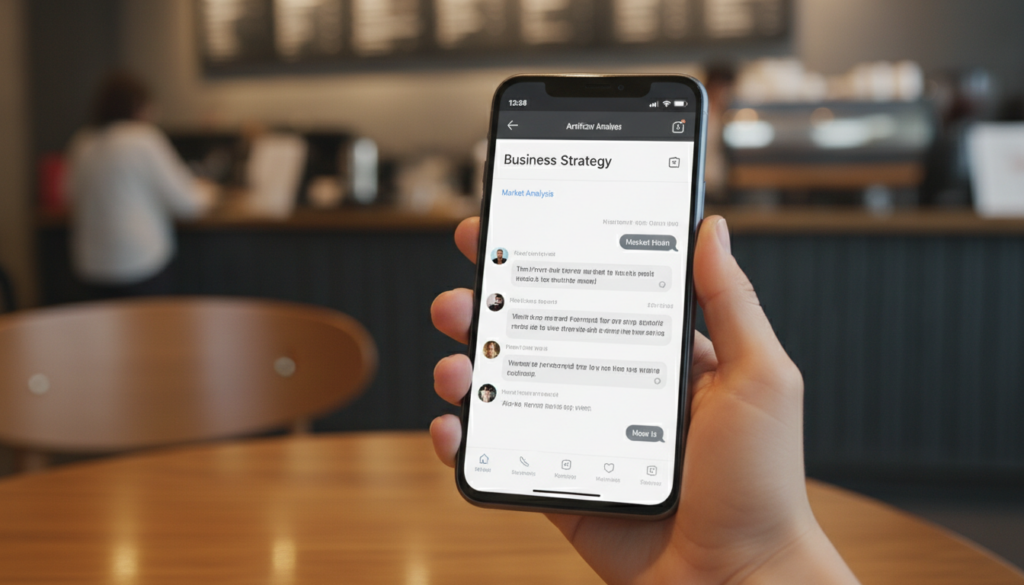A close-up of a smartphone screen showing a professional chat interface with ChatGPT, generating a business strategy.