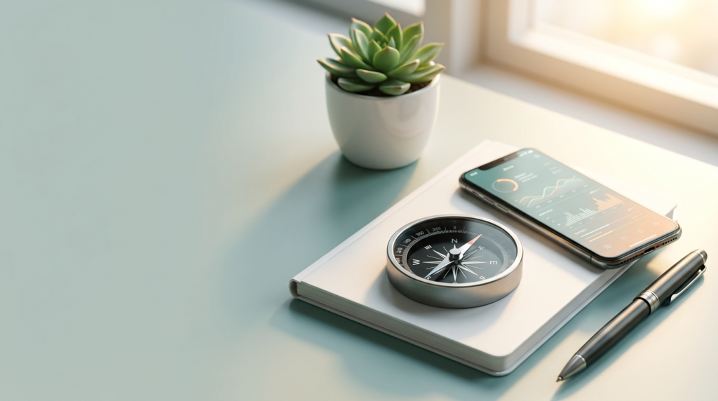Compass on a notebook next to a smartphone on a clean desk, symbolizing choosing a niche