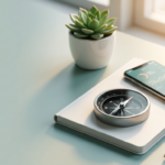 Compass on a notebook next to a smartphone on a clean desk, symbolizing choosing a niche