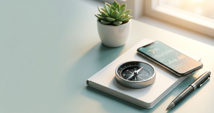 Compass on a notebook next to a smartphone on a clean desk, symbolizing choosing a niche
