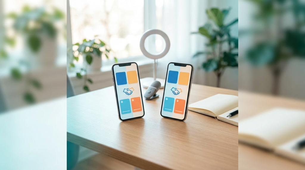 Two smartphones angled toward each other showing an abstract collaboration UI, with a microphone and ring light on a clean desk, representing creator collaboration from a phone (2026)