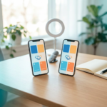 Two smartphones angled toward each other showing an abstract collaboration UI, with a microphone and ring light on a clean desk, representing creator collaboration from a phone (2026)
