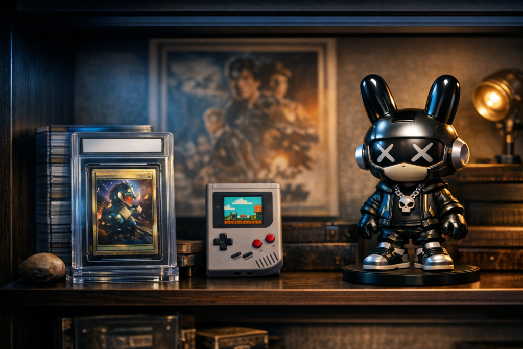 Professional collectors vault shelf with a graded trading card, retro handheld console, and designer vinyl figure under moody studio lighting.