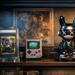 Professional collectors vault shelf with a graded trading card, retro handheld console, and designer vinyl figure under moody studio lighting.