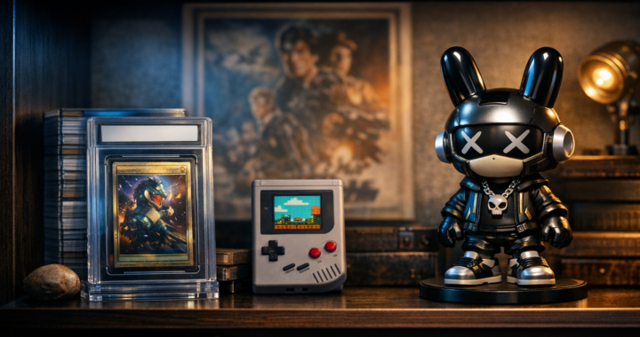 Professional collectors vault shelf with a graded trading card, retro handheld console, and designer vinyl figure under moody studio lighting.