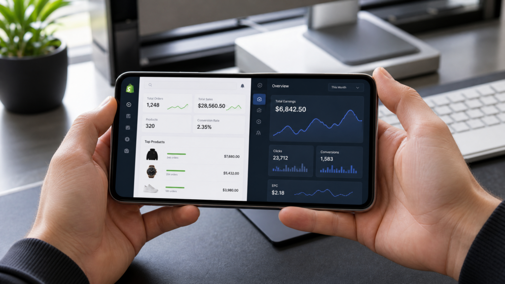 Entrepreneur managing affiliate links and a dropshipping store on one smartphone screen