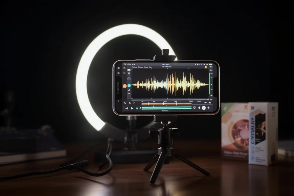 A smartphone mounted on a tripod recording a product review with a small LED ring light in a professional home office setting.