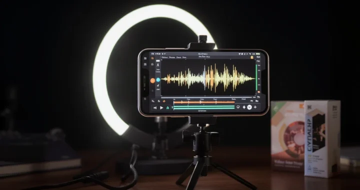 A smartphone mounted on a tripod recording a product review with a small LED ring light in a professional home office setting.