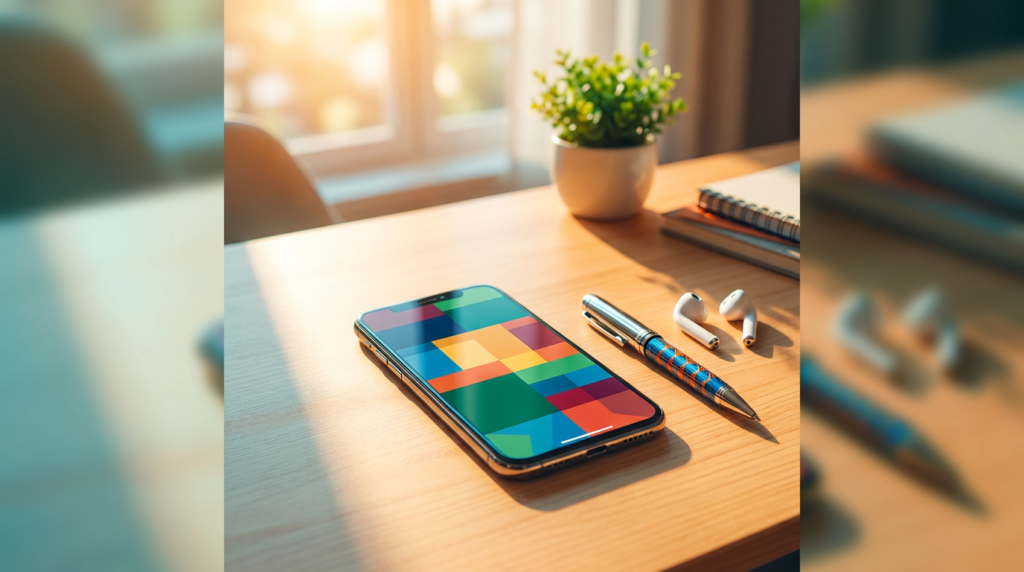 A sleek smartphone on a wooden desk showing a colorful abstract content calendar UI, with a pen and earbuds in a bright home office (2026)