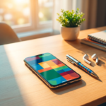 A sleek smartphone on a wooden desk showing a colorful abstract content calendar UI, with a pen and earbuds in a bright home office (2026)