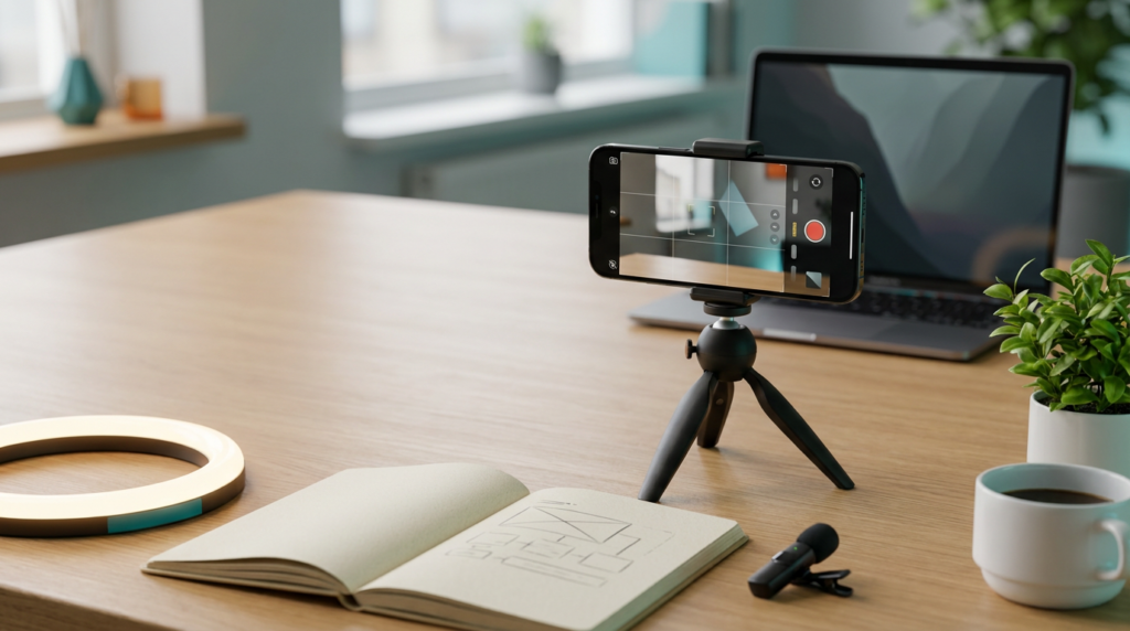 Smartphone on a tripod recording a course setup with a notebook, ring light and microphone on a desk (2026)