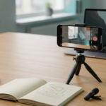 Smartphone on a tripod recording a course setup with a notebook, ring light and microphone on a desk (2026)
