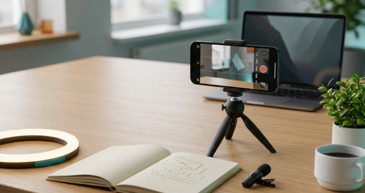 Smartphone on a tripod recording a course setup with a notebook, ring light and microphone on a desk (2026)