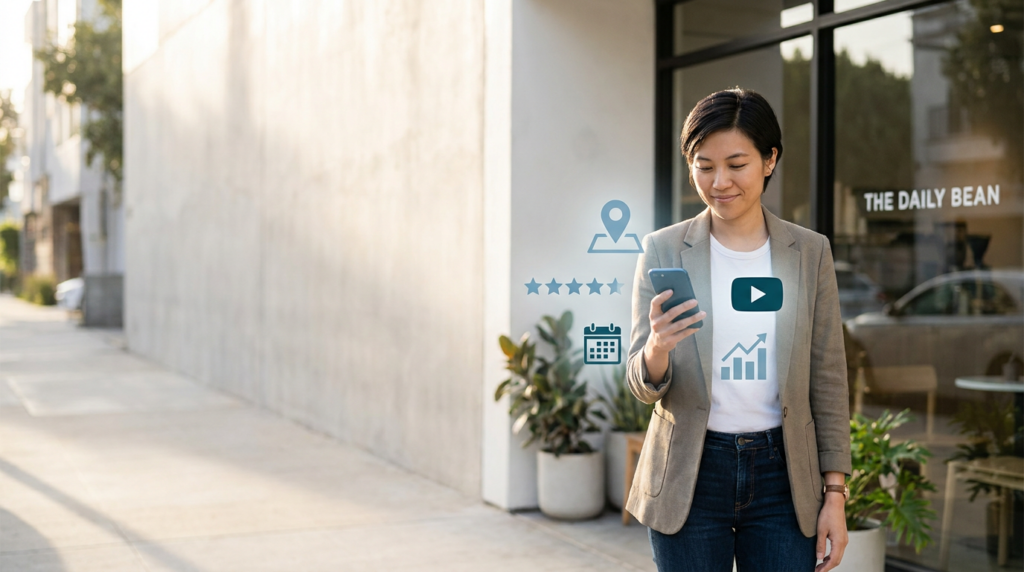 Entrepreneur using a smartphone outside a local storefront with subtle map and review icons representing modern local services.