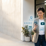 Entrepreneur using a smartphone outside a local storefront with subtle map and review icons representing modern local services.