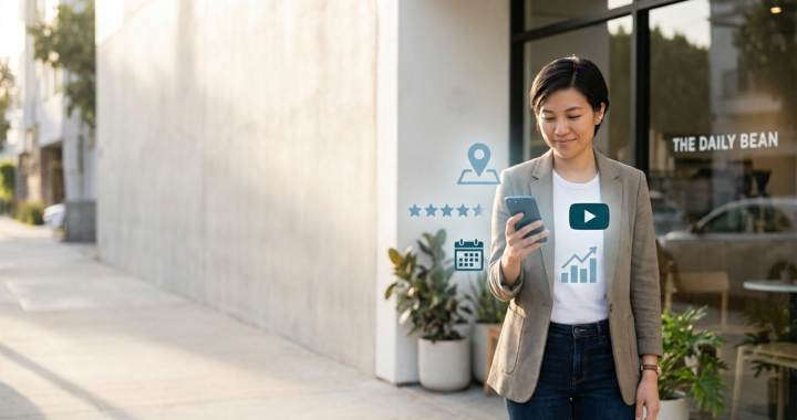 Entrepreneur using a smartphone outside a local storefront with subtle map and review icons representing modern local services.