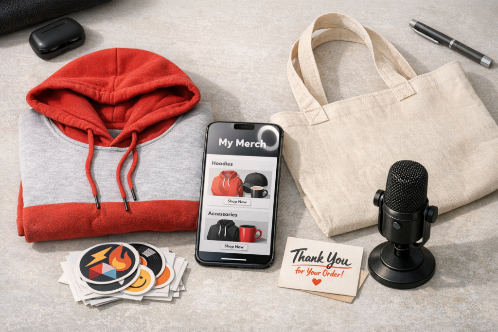 Smartphone showing an online creator merch storefront next to a folded hoodie, tote bag, stickers, thank-you card, and creator studio microphone.