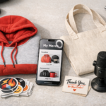 Smartphone showing an online creator merch storefront next to a folded hoodie, tote bag, stickers, thank-you card, and creator studio microphone.