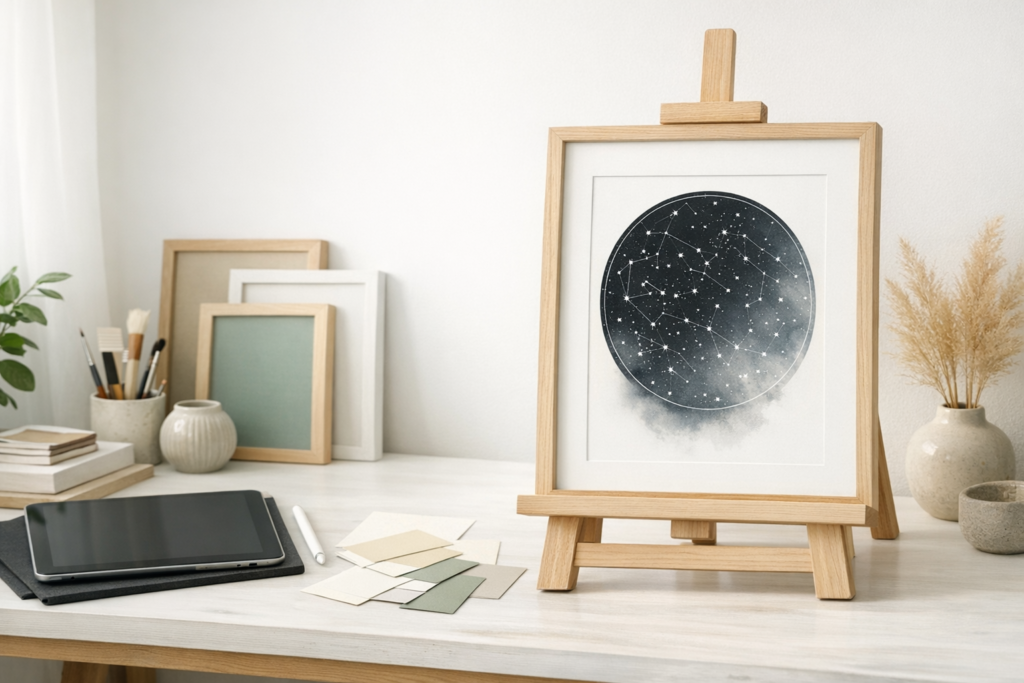 Framed personalized minimalist art print in a bright creative studio with tablet, stylus, paper swatches, and neutral frames.