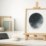 Framed personalized minimalist art print in a bright creative studio with tablet, stylus, paper swatches, and neutral frames.