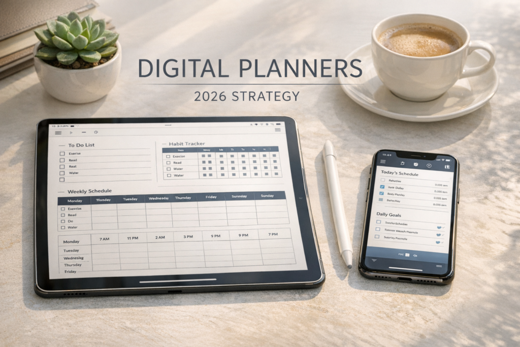 A premium workspace showing a digital planner on an iPad and smartphone, representing a mobile-first digital planning business in 2026.