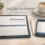 A premium workspace showing a digital planner on an iPad and smartphone, representing a mobile-first digital planning business in 2026.