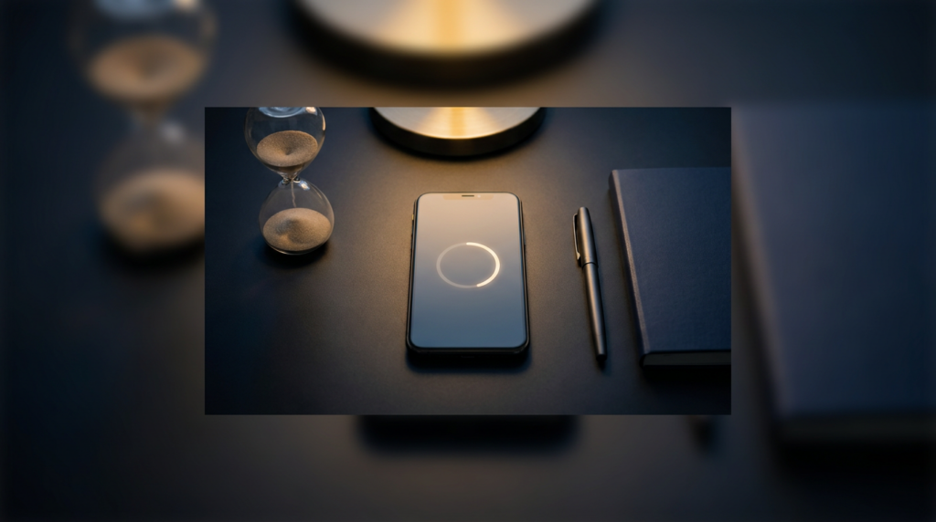 A smartphone with a focus timer UI on a dark desk next to an hourglass and notebook, representing deep work and mobile productivity (2026)