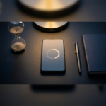 A smartphone with a focus timer UI on a dark desk next to an hourglass and notebook, representing deep work and mobile productivity (2026)