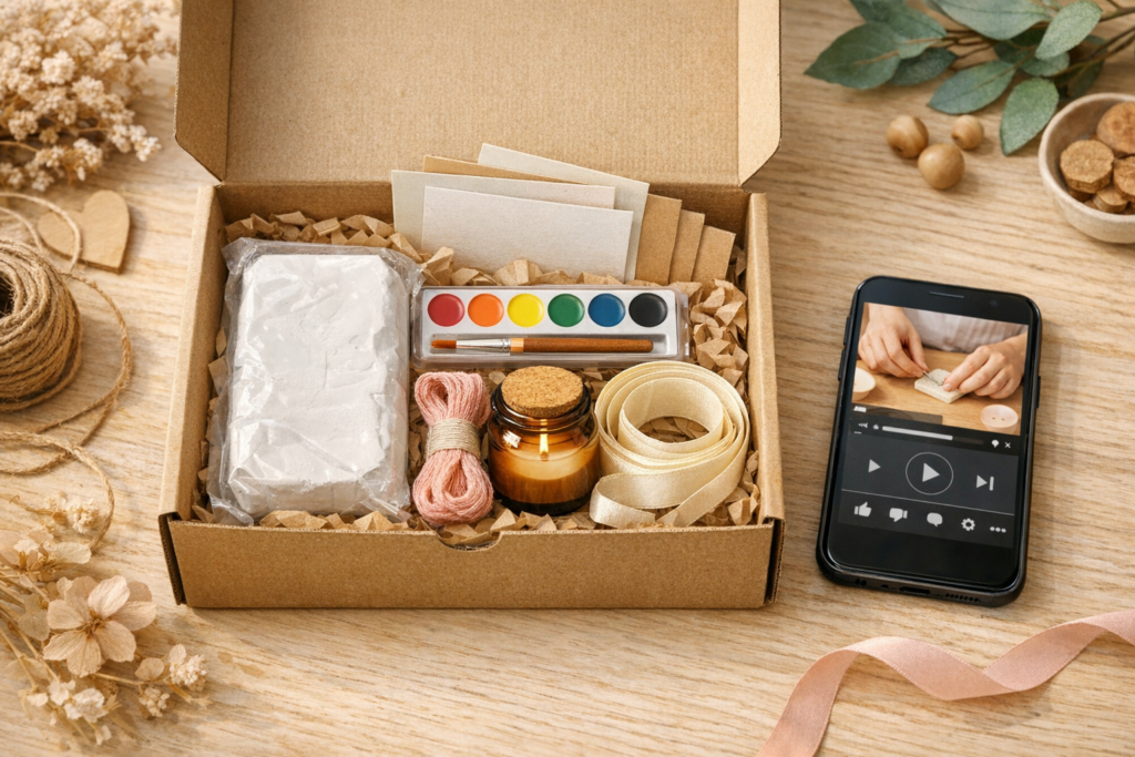 Open DIY craft kit box with clay, watercolor paints, brushes, embroidery thread, candle jar, instruction cards, and smartphone tutorial.