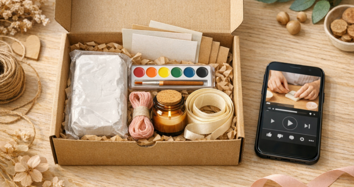 Open DIY craft kit box with clay, watercolor paints, brushes, embroidery thread, candle jar, instruction cards, and smartphone tutorial.